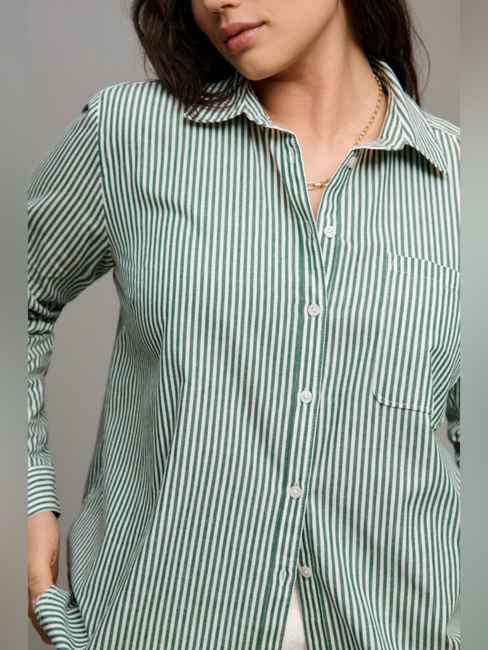 NWT Anthropologie Maeve Kate Classic Green & White Button Down Shirt Size L
